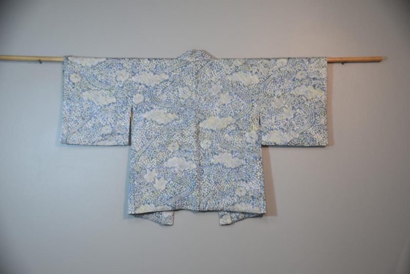 Light Greens and Denim Blues Shibori Vintage Silk Haori Jacket
