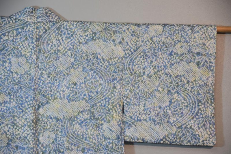 Light Greens and Denim Blues Shibori Vintage Silk Haori Jacket - Image 8