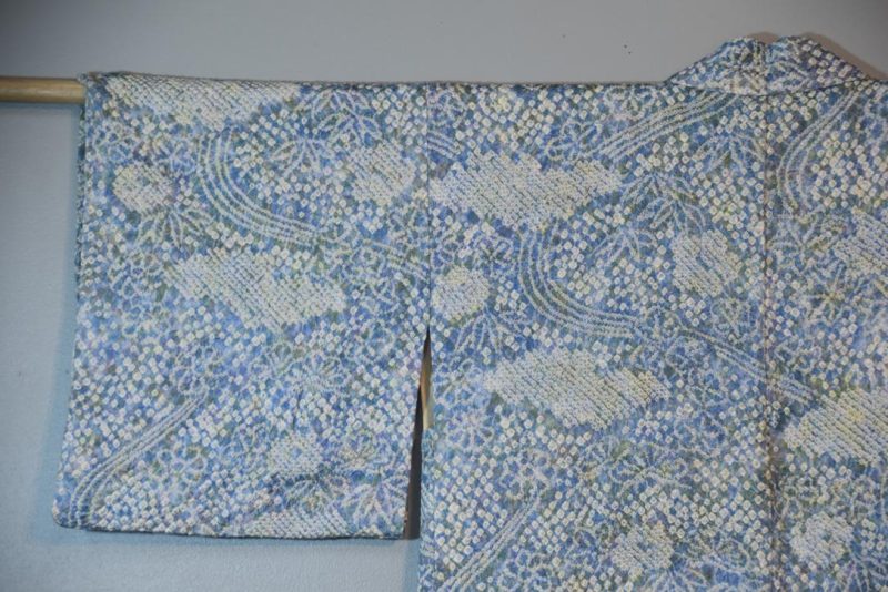 Light Greens and Denim Blues Shibori Vintage Silk Haori Jacket - Image 7