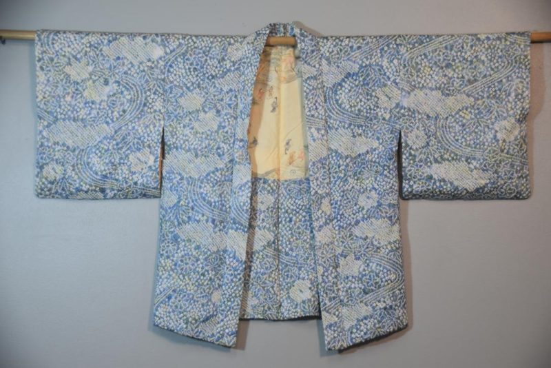 Light Greens and Denim Blues Shibori Vintage Silk Haori Jacket - Image 3