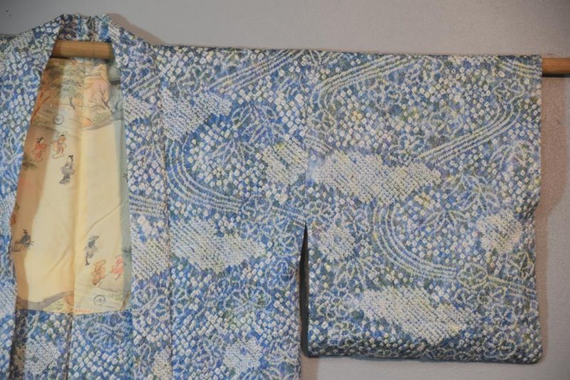 Light Greens and Denim Blues Shibori Vintage Silk Haori Jacket - Image 6