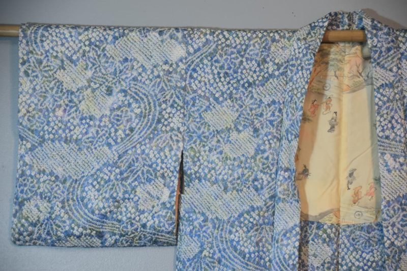 Light Greens and Denim Blues Shibori Vintage Silk Haori Jacket - Image 5