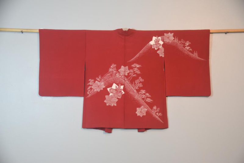 Red and White Vintage Silk Haori Jacket