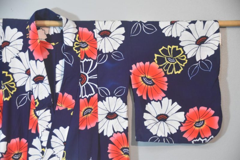 Gerberas on Navy Vintage Japanese Cotton Yukata - Image 2