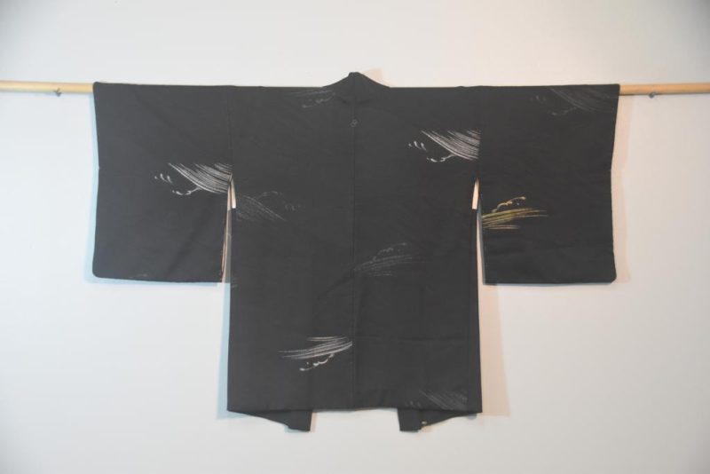 Black Waves Metallic Thread Vintage Silk Jacquard Haori
