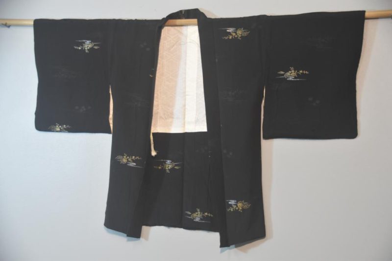 Black Waves Metallic Thread Vintage Silk Jacquard Haori - Image 4
