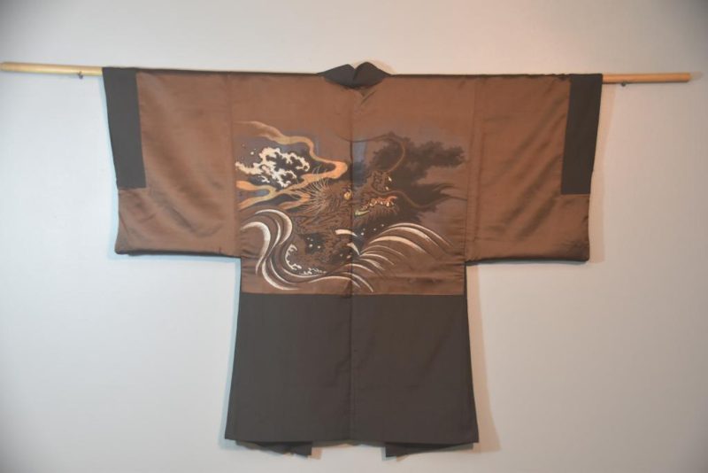 Chocolate Brocade Dragon Vintage Japanese Silk Mans Haori (Kimono Jacket)