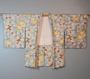 Japanese Silk Vintage Haori with Soft Grey Leaves