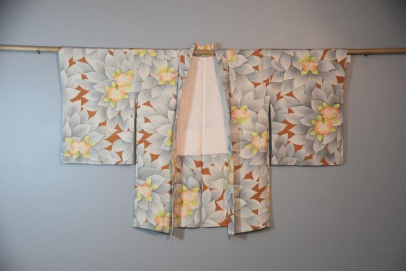 Japanese Silk Vintage Haori with Soft Grey Leaves