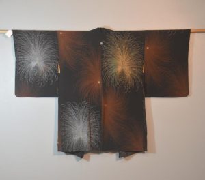 Japanese Vintage Black Haori with Fireworks in Lacquered Threads