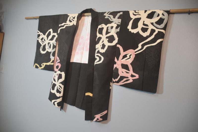 Vintage Black Jacquard Floral Silk Haori Jacket - Image 4