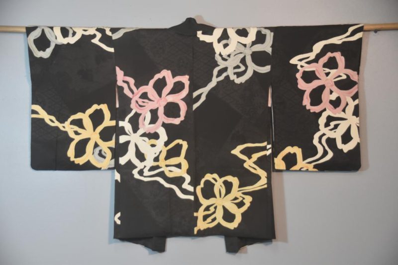 Vintage Black Jacquard Floral Silk Haori Jacket - Image 6