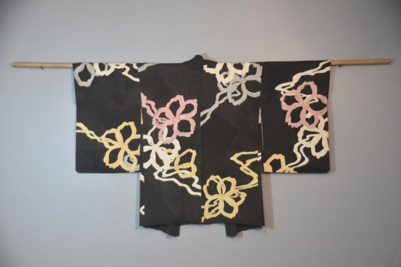 Vintage Black Jacquard Floral Silk Haori Jacket