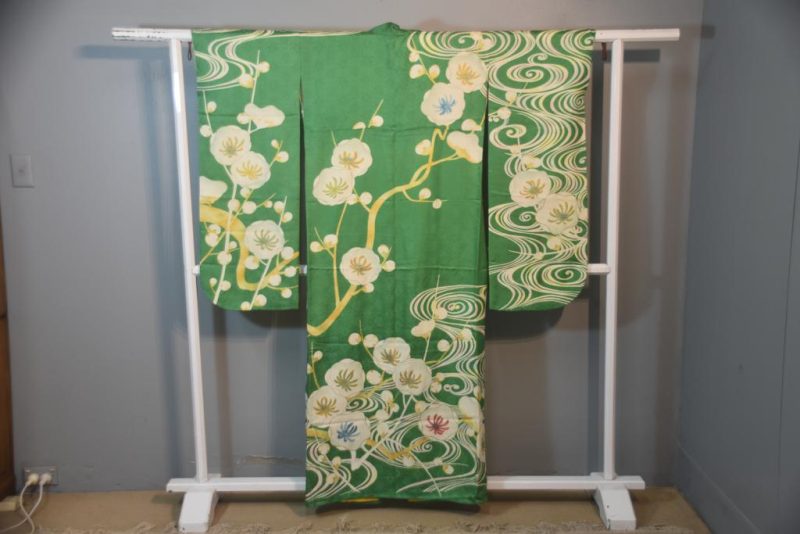 Japanese Silk Vintage Furisode Kimono in Green and Yellow