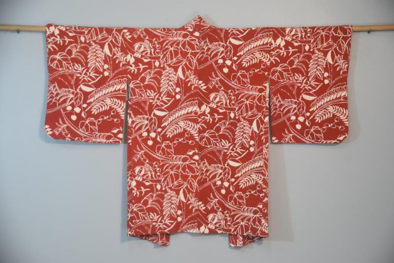 Leaves on Rust Coloured Vintage Japanese Silk Haori Jacket - Image 4