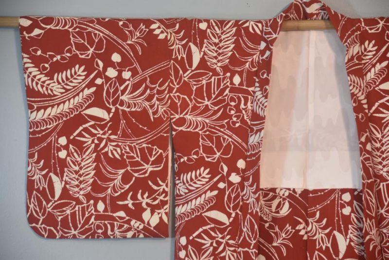 Leaves on Rust Coloured Vintage Japanese Silk Haori Jacket - Image 5