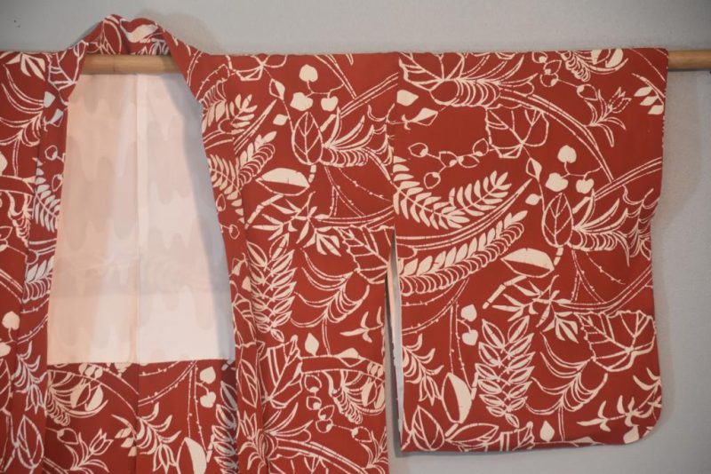 Leaves on Rust Coloured Vintage Japanese Silk Haori Jacket - Image 6