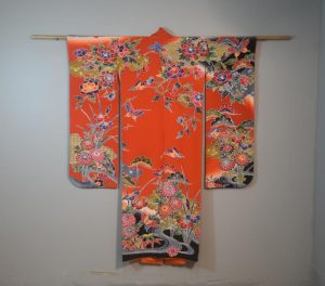 Butterfly Garden Red Furisode Vintage Silk Japanese Kimono