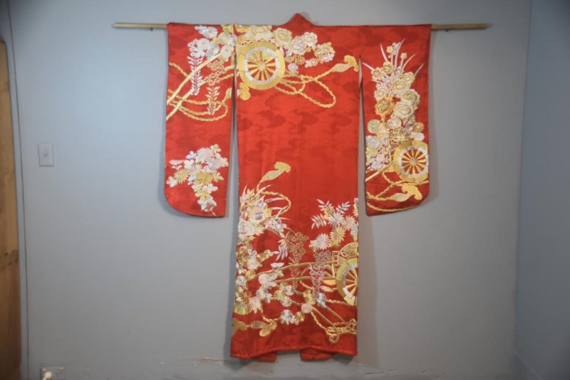 Rich Metallic Thread Embroidered Red Vintage Japanese Silk Wedding Kimono - Image 4