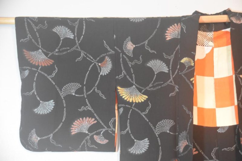 Metallic Thread with Fan Flowers Japanese Vintage Silk Haori Jacket - Image 4
