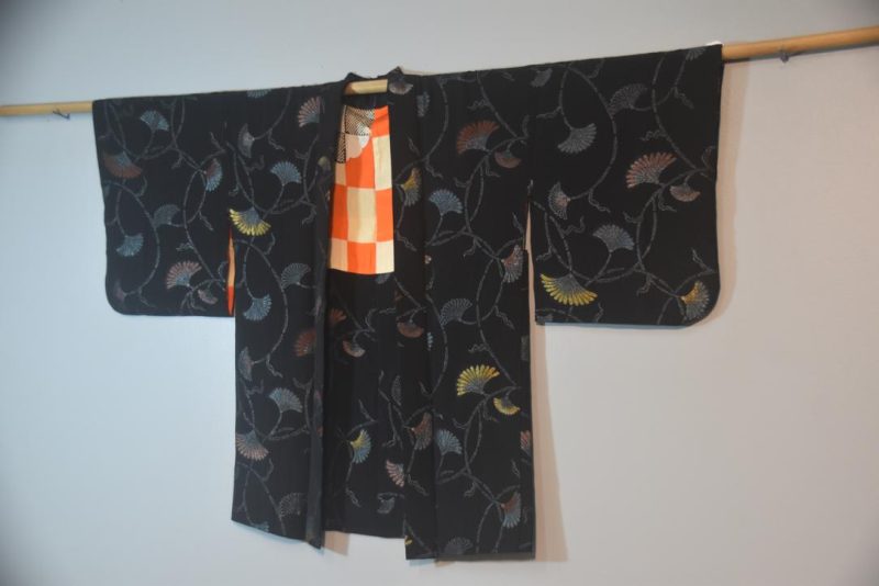 Metallic Thread with Fan Flowers Japanese Vintage Silk Haori Jacket - Image 5