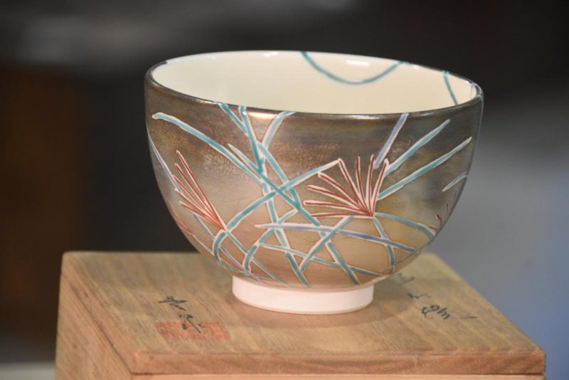 Kyoyaki Tea Bowl in a wooden box Width:120mm