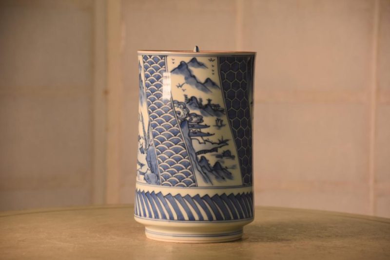 Japanese Blue & White Pottery Mizuzashi Height:200mm
