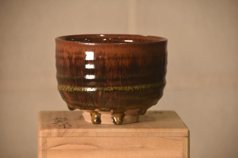 Japanese Drip Glaze Pottery Chawan Tea Bowl in a Box Width:115mm
