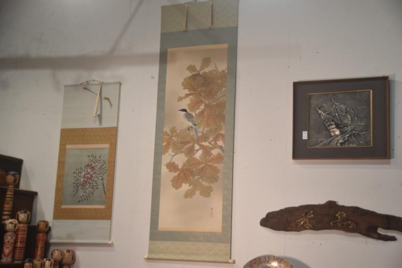 Japanese Taisho Period Oak Tree and Birds Scroll Width:715mm