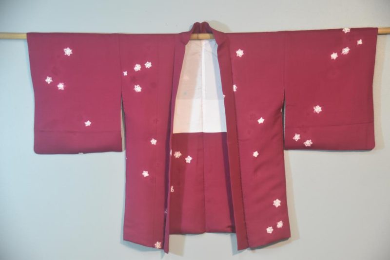 Maroon Star Flower Vintage Japanese Silk Haori Jacket - Image 4