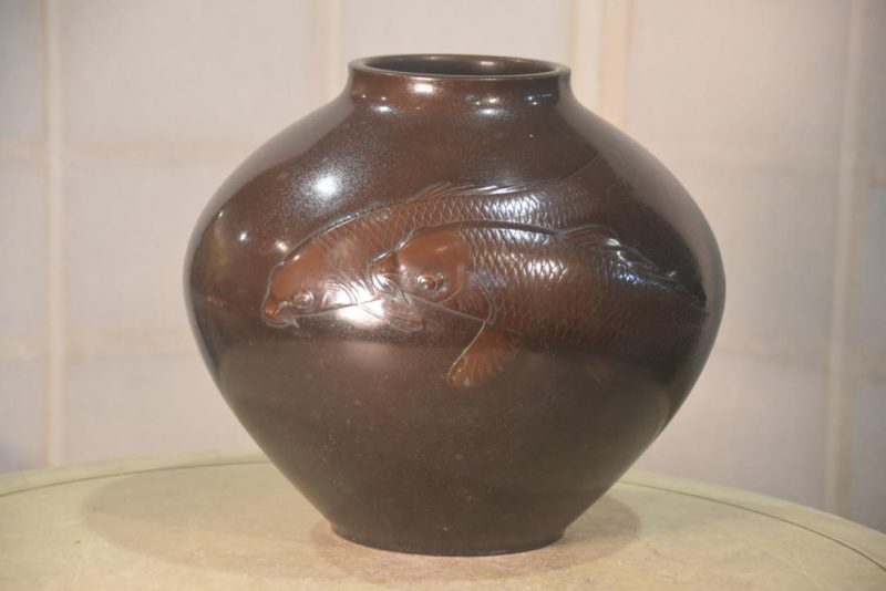 Japanese Bronze Koi Vase Width:280mm