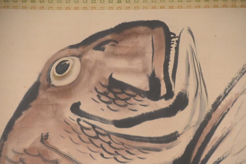 A large Japanese ink brush and color scroll painting depicting a Tai fish Width:1450mm - Image 4