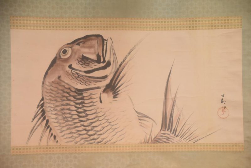 A large Japanese ink brush and color scroll painting depicting a Tai fish Width:1450mm - Image 2