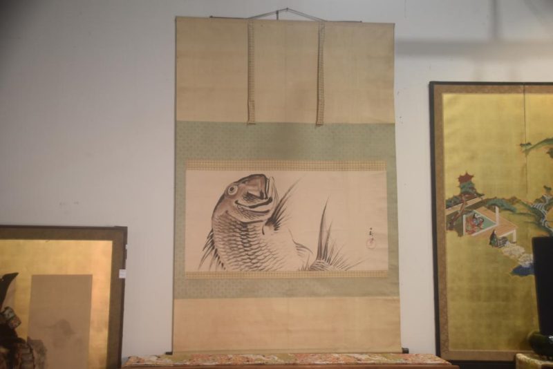 A large Japanese ink brush and color scroll painting depicting a Tai fish Width:1450mm