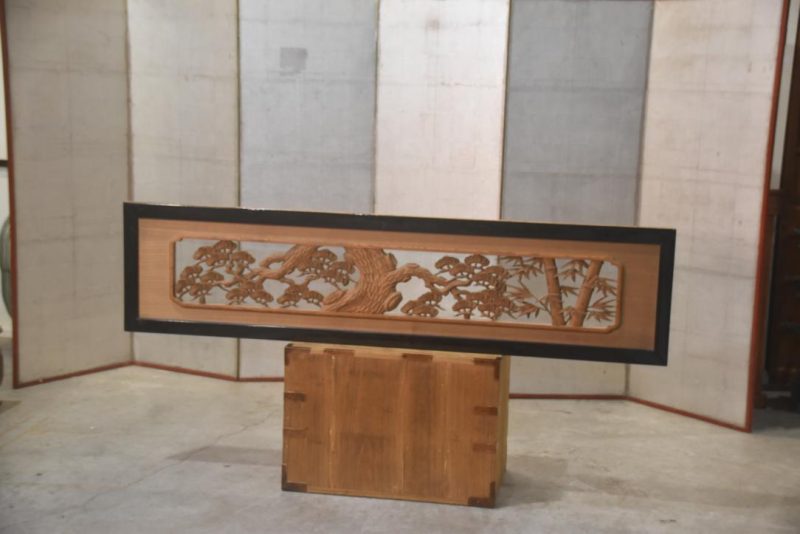 Japanese Carved Rama Transom with Lacquered Frame Width:1860mm