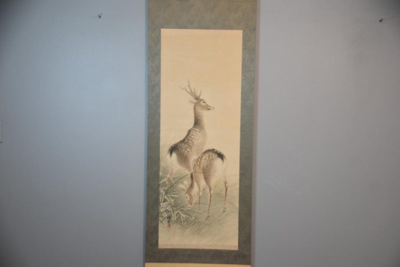 Japanese Deer and Bamboo Grass Painting Scroll Width:625mm