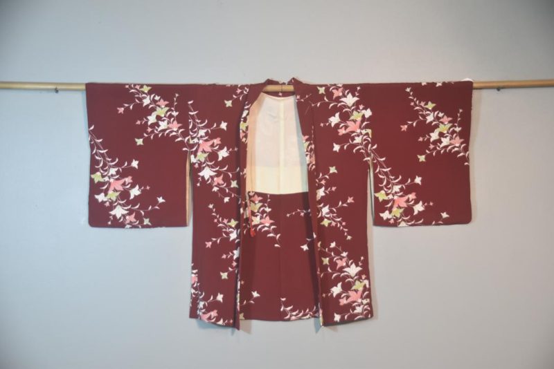 Floral Maroon Vintage Japanese Silk Haori Jacket - Image 4