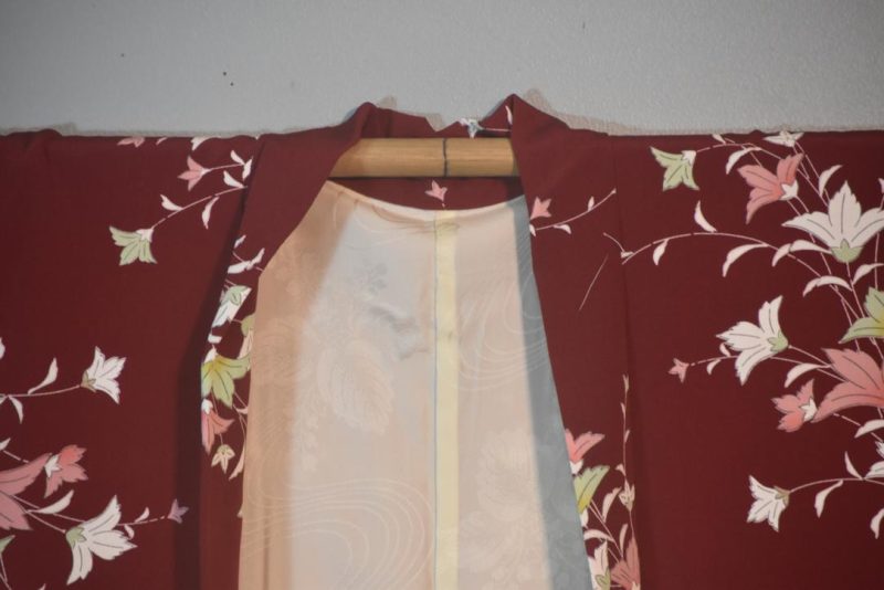 Floral Maroon Vintage Japanese Silk Haori Jacket - Image 3