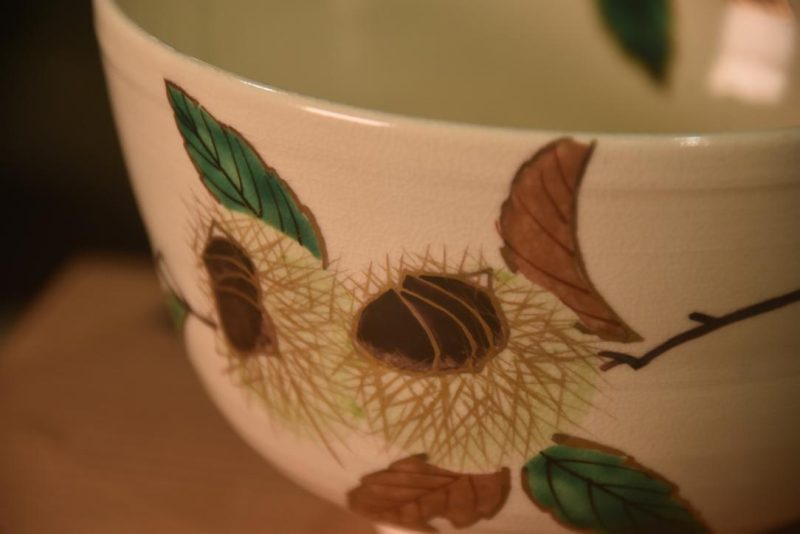 Kyoyaki Tea Bowl with Chestnuts painting in a Wooden box Width:110mm - Image 2
