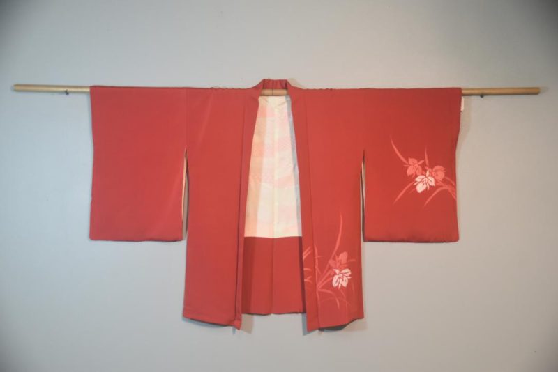 Iris on Red Vintage Japanese Silk Haori Jacket - Image 5
