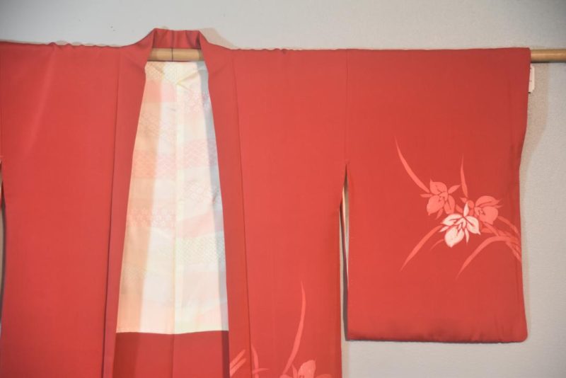 Iris on Red Vintage Japanese Silk Haori Jacket - Image 3