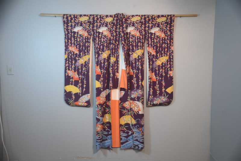 Bold Fans Crepe Silk Furisode Kimono from Japan - Image 5