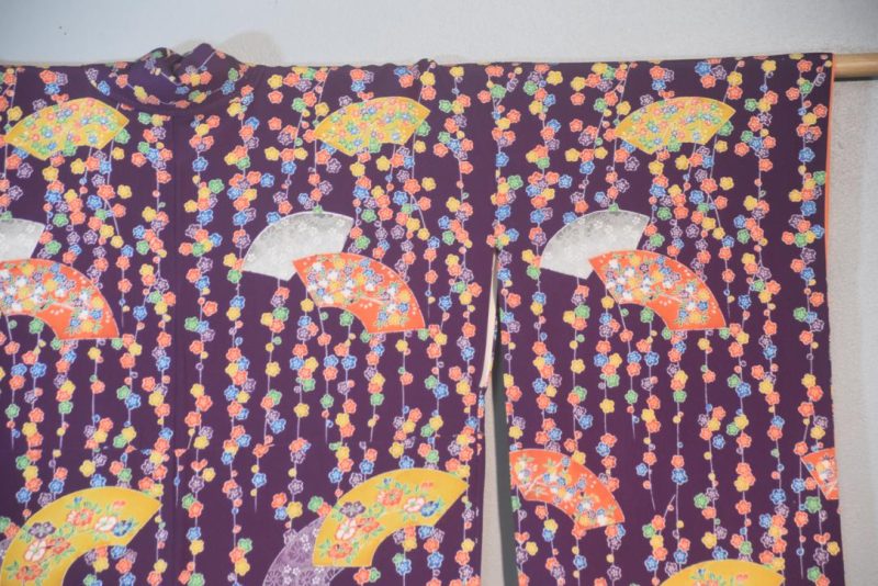 Bold Fans Crepe Silk Furisode Kimono from Japan - Image 3