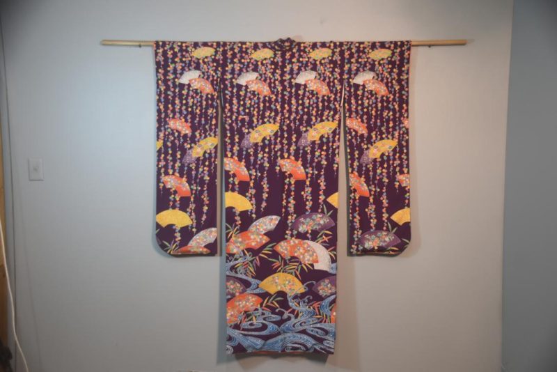 Bold Fans Crepe Silk Furisode Kimono from Japan