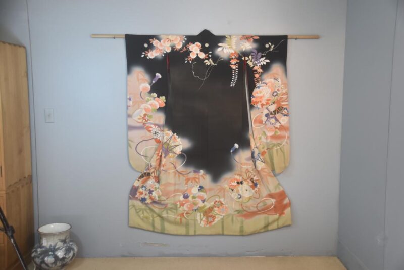 Black Wisteria Japanese Silk Furisode Kimono