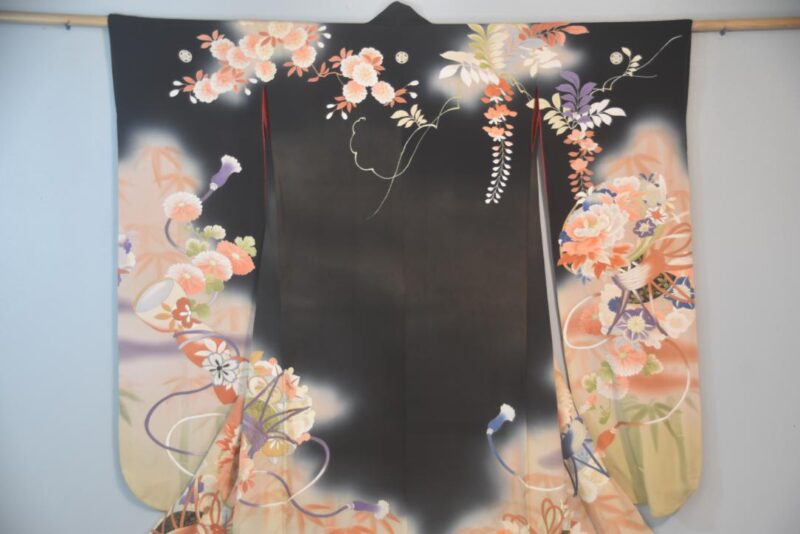 Black Wisteria Japanese Silk Furisode Kimono - Image 4