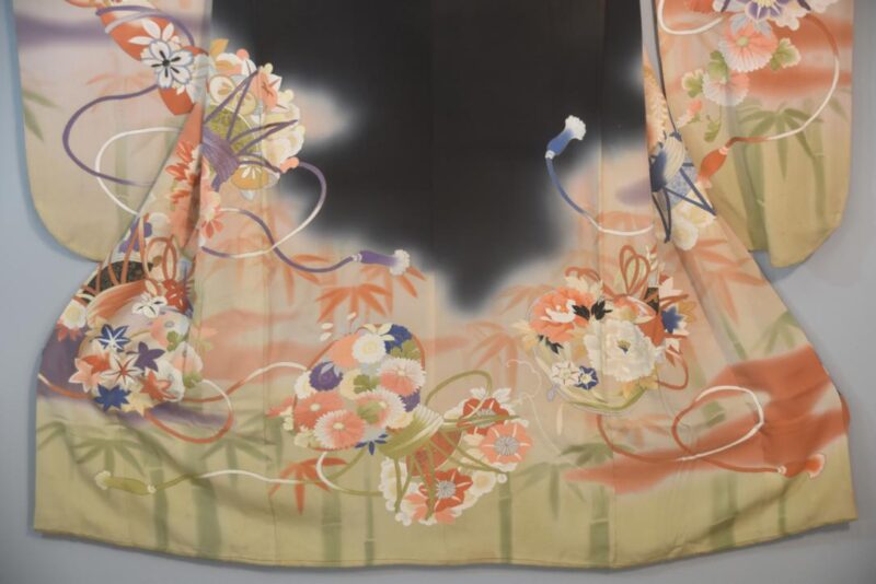 Black Wisteria Japanese Silk Furisode Kimono - Image 7