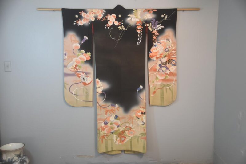 Black Wisteria Japanese Silk Furisode Kimono - Image 6