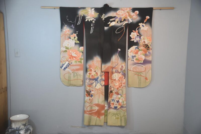 Black Wisteria Japanese Silk Furisode Kimono - Image 5