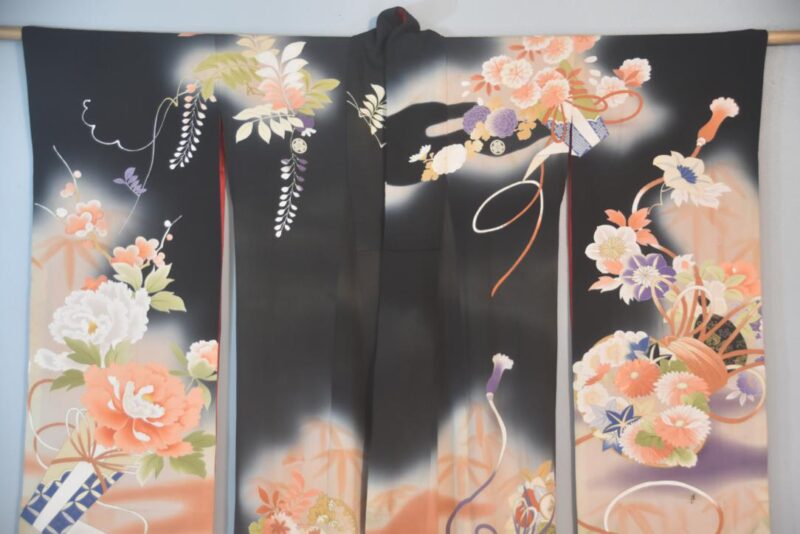 Black Wisteria Japanese Silk Furisode Kimono - Image 11